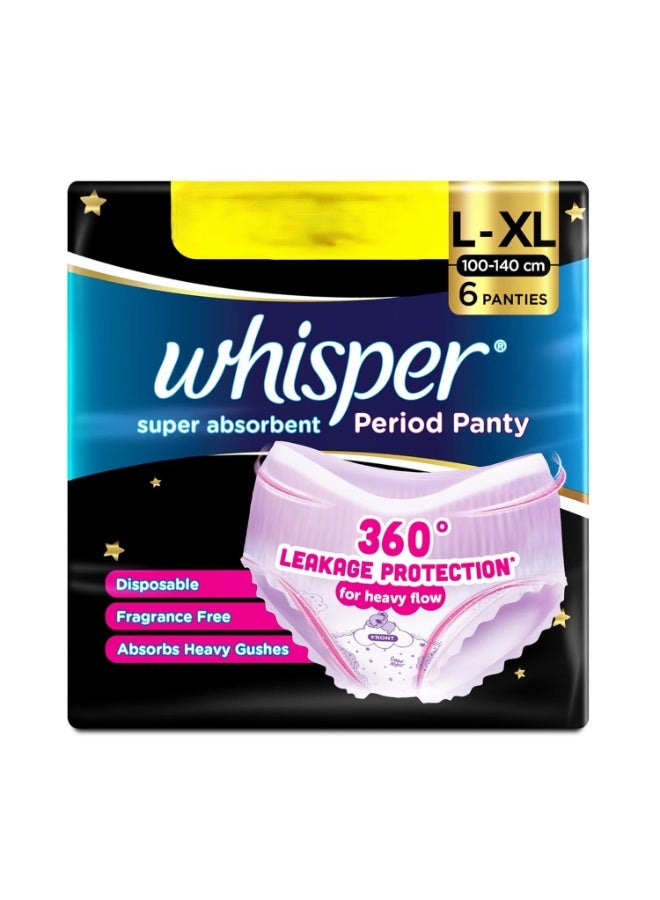 Whisper Super Absorbent Period Panty, 6 L-XL Pants, 360 Degree Leakage Protection for Heavy Flow, Panty like Fit for Full back Coverage, Absorbs Heavy Gushes, Silky Soft, Comfortable Feel-Women - Image 1